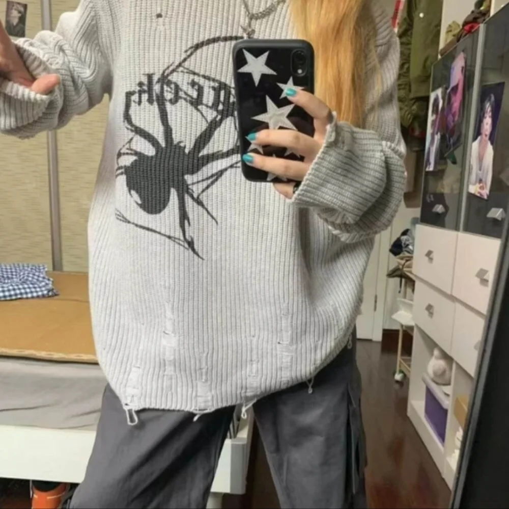 Y2K Sweater Goth Knit Distressed Edgy Spider Grunge Cosmique Studio‎